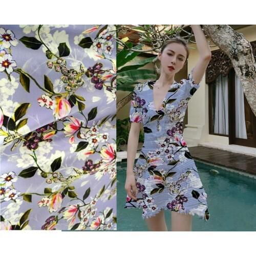 New Violet Flowers prints botton silk fabric Brand Stretch Satin Mulberry Silk Cloth Hot Sale Cheongsam jappan dress textile
