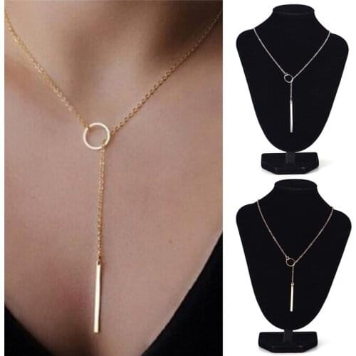 Unique Womens Charming Tone Bar Circle Lariat Necklace Chic Y Shaped Gold Color Bar Circle Lariat Style Necklace Pendant