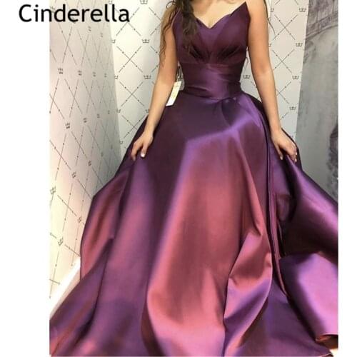 Purple Prom Dresses robe de soiree V-Neck A-Line Sweep Train Satin Prom Dresses With Zipper Back vestidos de fiesta de noche