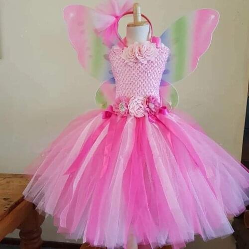 Pink Girls Flower Tutu Dress Kids Crochet Tulle Dress Long Ball Gown with Hairbow Children Party Costume Dresses