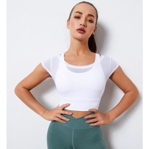 Yoga Top Mesh Shirt With Bra Fake 2pcs Padded Short Sleeves Quick Dry Gym Fitness Shirts Crop Sportswear