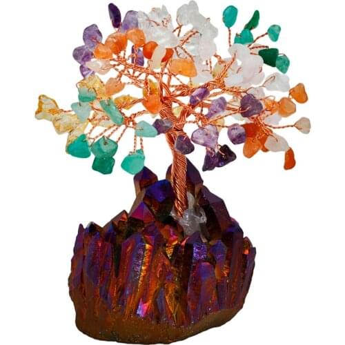 TUMBEELLUWA 4" Natural Colorful Money Tree,Purple & Gold Aura Titanium Crystal Cluster Base Bonsai Figurine for Wealth and Luck
