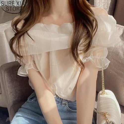 Office Lady Fashion Clothing Sweet Apricot Gauze Blouse Women Shirt Air-feeling Short Sleeve Tops Sexy Off Shoulder Blouse 15348