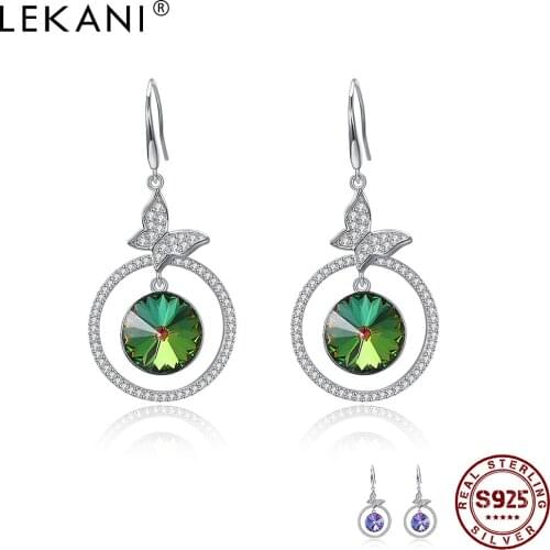 LEKANI 925 Sterling Silver Drop Earrings For Women Round Austrian Crystal Earrings Party Wedding Fine Jewelry Gift New