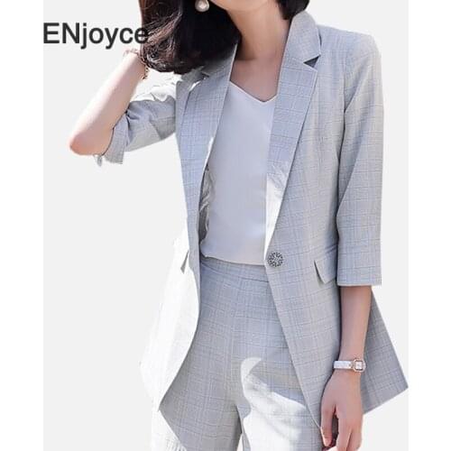 2020 Spring Summer Elegant Formal Office Work Wear Light Grey Blazer Suit Women Fashion Three Quarter Sleeve Ladies Blazers