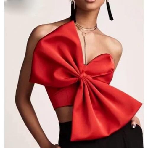 OMILKA Elegant Bow Front Summer Blouse Women Foldover Off Shoulder Strapless Top 2019 Slim Irregular Womens Tops and Blouses