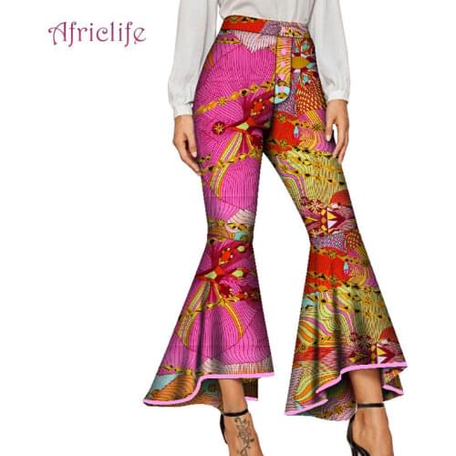 African Pants Women Dashiki Print Bell Bottom Pants Hip Pleated Flare Pant Trousers Pocket African Dress Plus Size Custom WY8319