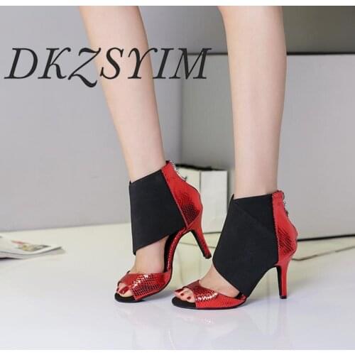 DKZSYIM Red/Silver Latin Dance Boots Open-Toe Women Ballroom Salsa/Tango Shoes Back Zipper Party Casual Shoes 6-10CM New Style
