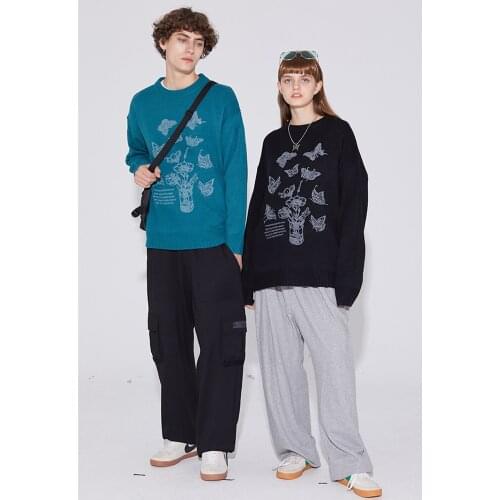 Unisex Butterfly Flowers Knitted Jumper Sweaters Hipster Streetwear Harajuku Hip Hop Casual Pullover Knitwear Tops Outerwear Men