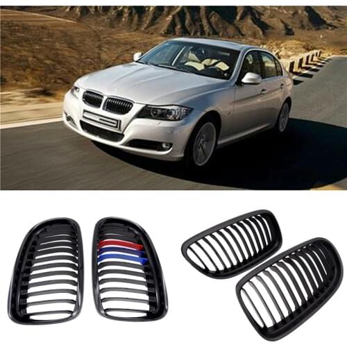 JIUWAN 1 Pair Gloss/Matte Black M-Color Kidney Front Grille Auto Racing Grille for BMW E90 E91 LCI 325i 328i 335i 2009 2010 2011