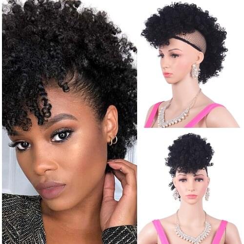 Short High Puff Afro Kinky Curly Synthetic Ponytail with Bangs Wig Pony Tail Clip in Hair Extension for Women