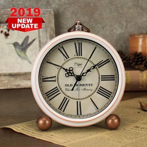 Round Roman Numerals White Alarm Clock Retro Metal Clock Ornaments Rural Nostalgic Years Clock