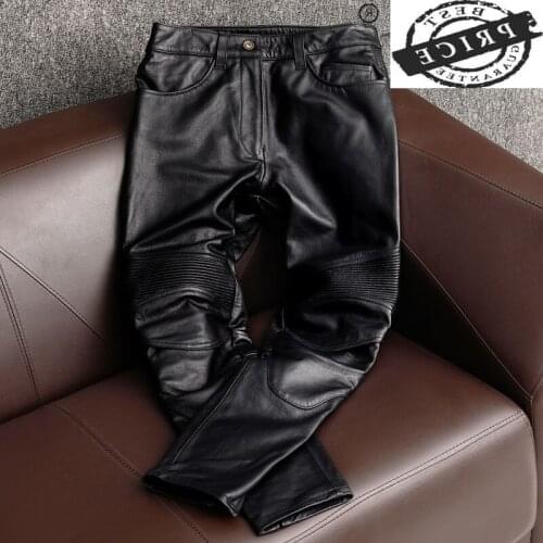 Genuine Leather Pants Men Black Motorcycle Style Trousers Real Cowhide Pants Plus Size 5xl 2021 Pantalon Cuir Homme W53a6