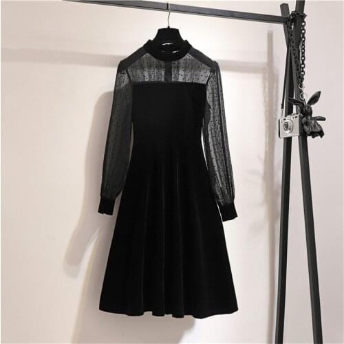 Autumn Winter Women Long Sleeve Gold Velvet Dress Big Size A-line Mesh Dress Elegant French Lady Black Dressess Vestidos WZ1110