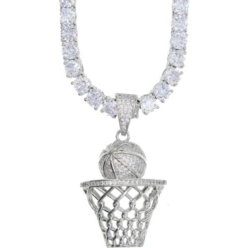 Hip Hop Iced Out Basketball Entering Frame Pendant Necklace Men Silver Color 5MM CZ Tennis Chain Sports Necklace Rock Jewelry