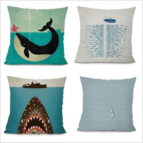 Cotton Linen 18" Blue Sea Series fish Print Home Decorative Throw Cushion Whale Car Seat Soft Waist Cushion No Filling