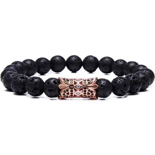 QIMOSHI Men Black Lava Rock Stone Beads Stretch Bracelet Imperial Crown Details Elastic Bracelets Fashion Jewelry Gift Box