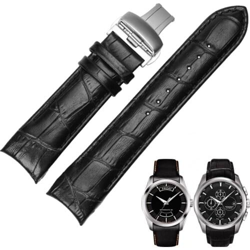 24mm (Buckle 22mm) T035627 T035614A High Quality Silver Butterfly Buckle + Black Genuine Leather Watchband belts For T035617 man