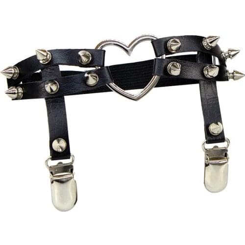 Richkeda Store New 2021 Sexy Rock Pub Punk Garter Belt Rivets Leg Ring Thigh Harness Heart Black PU Leather Vintage Suspenders