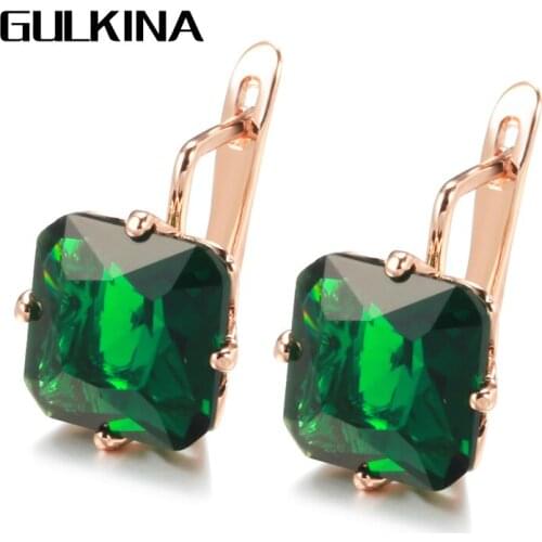 Gulkina Luxury 585 Rose Gold Bride Women Earring Wedding Jewelry Fashion Big Square Blue/White/Green Natural Zircon Drop Earring
