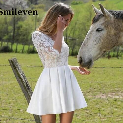 Smileven Short Wedding Dresses Backless V Neck Lace Appliques Bridal Gowns Half Sleeve Cheap Plus Size Boho Wedding Gowns