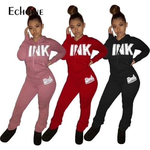 Echoine Fall Women Letter Print Sweatsuit Set Hoodies Tops Stacked Pants Set Active Tracksuit Two Piece Fitness Sportwear Outfit