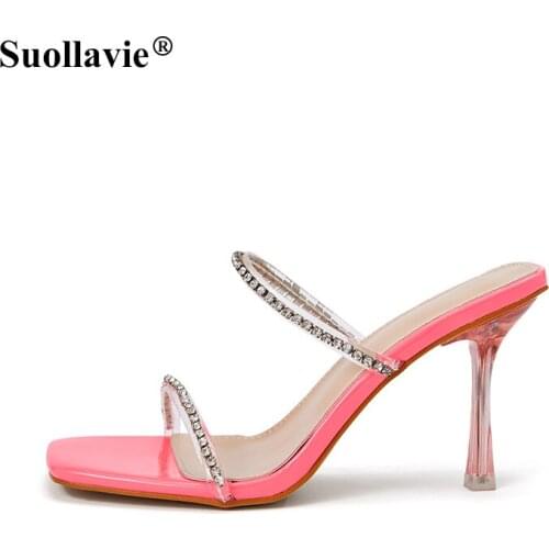 Suollavie 2021 Fashion Summer Women Rhinestone Chain Sandals Square Head Sequined Stilettos Ladies Party Shoes Size 35-42