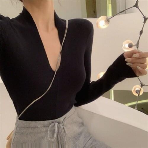 Low-Cut V-Neck Sexy Sweaters Women Bottoming Slim Fit Knitted Pullovers Female 2020 Solid Knitwear Female Jumper Long-Sleeve Top