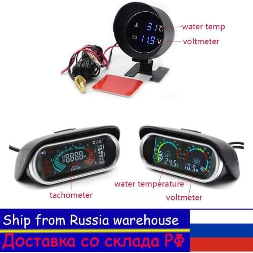 2 in 1 LCD Digital Gauge Voltmeter Water Temperature Gauge with Sensors 50-9999RPM Tacho Gauge for Car Truck Tachometer CN/RU/ES