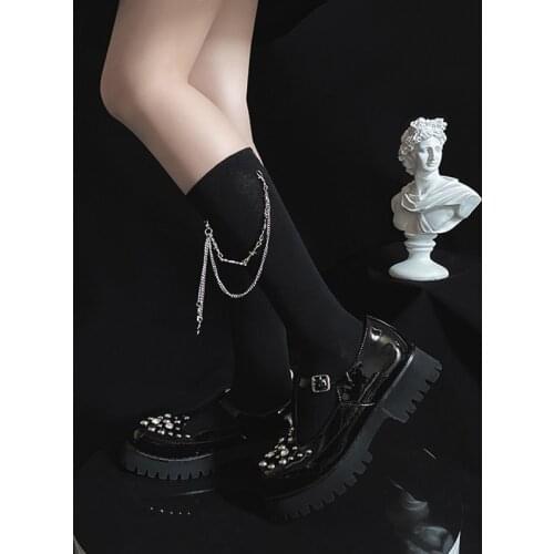 50D Harajuku Thin Mid Calf Socks Girls Japanese School JK Match Lolita Socks With Thorn Chains Velvet Stockings