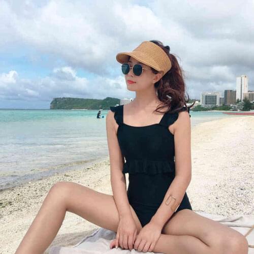 Korean Sexy Ruffled Black One-Piece Swimsuit Female Conservative Student Girl Covering Belly Thin Open Back Hot Spring Swimsuit
