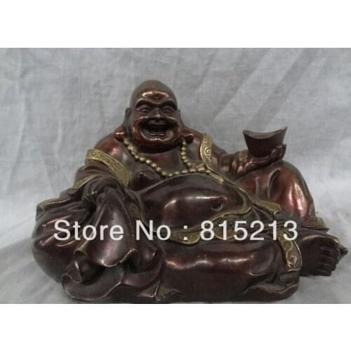 Wang 00098 12" China Buddhism Bronze Gilt YuanBao Bag Happy Laughing Maitreya Buddha Statue