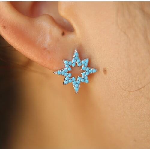 2017 new arrive christmas gift jewelry ocean blue turquoises stone pave star outline fashion ladies gift gold color earring