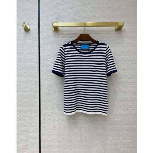 White Luxury Brand Black Stripe Women 2021 Summer Casual O-neck Short Sleeve Cartoon Embroidery Knitted T-Shirt Slim Top