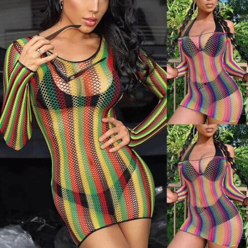 Women Fashion Colorful Striped Swimwear Bikini Cover-Ups Woman Sexy Fishnet Mesh Cover-Up Lady Summer Beach Casual Beachwear