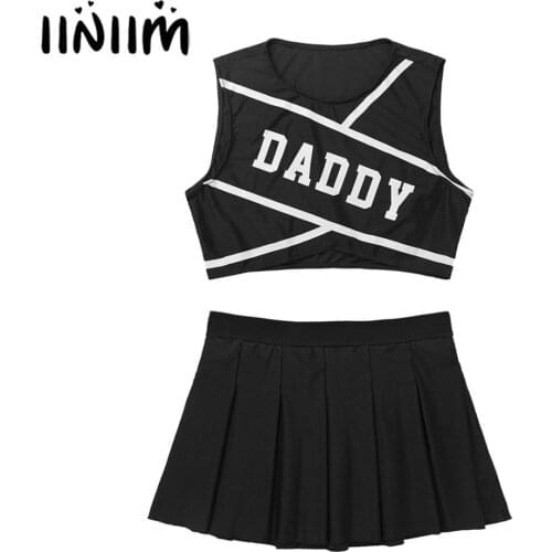Womens Femme Schoolgirl Daddy Charming Cheerleader Uniform Halloween Cosplay Costume Crop Top with Mini Pleated Mini Sexy Skirt