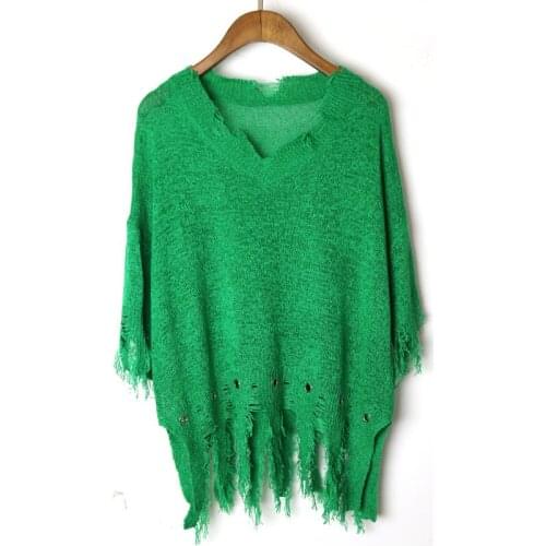 Womens Loose Hole Sweater Hollow out Asymetric Hem Loose Knitted V neck Long Sleeve Thin Sweater Tops