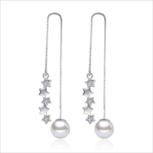 TJP 2018 Hot Sale Crystal Star Pearl Female Drop Earrings For Women Party Accessories Fashion Silver 925 Tassel Earrings Women