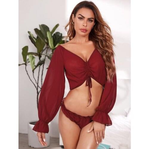 2021 Sexy Chiffon Lingerie Set Sexy V-neck Long Sleeve Crop Top + Panties Women See-through Honeymoon Exotic Sets Sleepwears