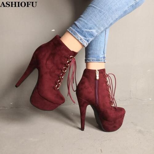 ASHIOFU Handmade Ladies Platform Boots Cross-straps Shoelace Party Prom Ankle Boots Side-zipper Evening Fashion Short Boots