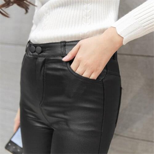Pocket Pants Women Spring High Waist Pants Leather Trousers Women PU Skinny Stretch Pencil Legging