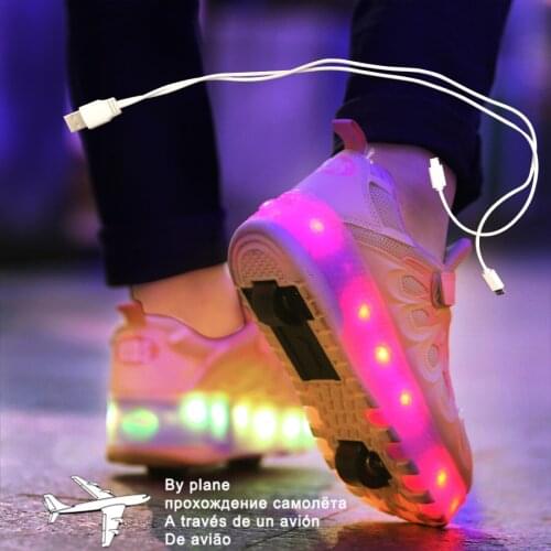 Children Boys Luminous Glowing Sneakers with Double / Two Wheels Roller Skate Shoes Adult Kids USB Charging Shoes Pink Girls
