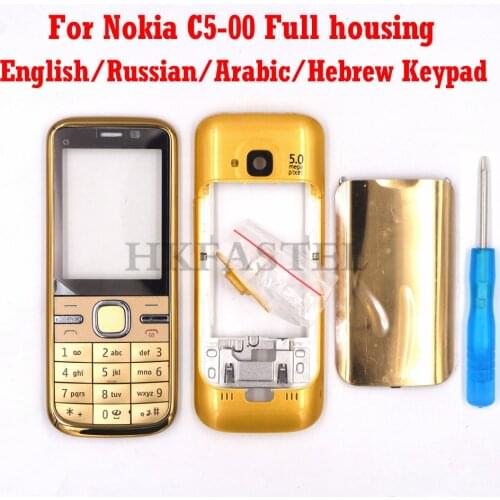 For Nokia C5 C5-00 C5 00 Black / Gold New Full Phone Housing Cover Case+English / Russian / Arabic / Heberw Keypad+Tool