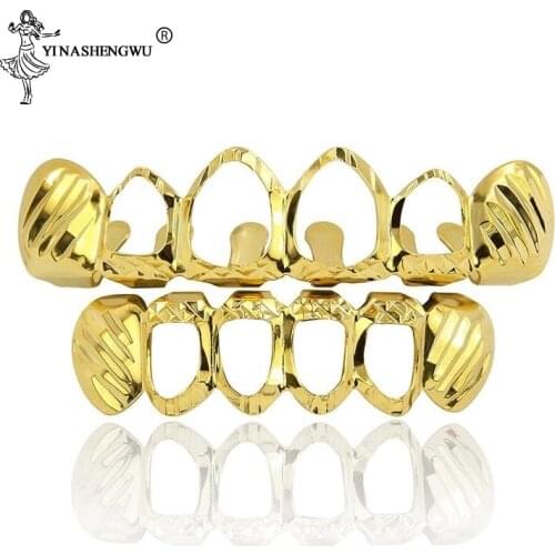 Hip Hop Iced Out Grillz Top & Bottom Teeth Grillz Tooth Caps Gold Rapper Jewelry Rhinestone Colorful Punk Grills Metal Copper