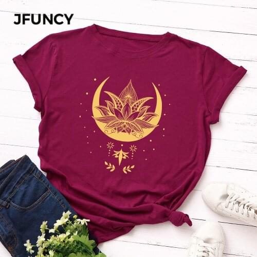 JFUNCY New Women T-shirt Lotus Print Tops Summer Cotton Woman Tshirt Plus Size Girl Casual Basic Tees Female Tshirt