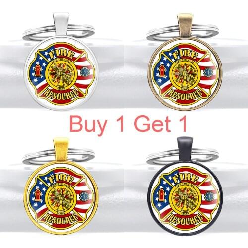 Buy 1 Get 1 United States Fire Resource Glass Dome Key Chains Firemen Charms Men Women Key Ring Jewelry Gifts