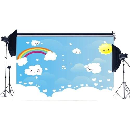 Sweet Baby Shower Backdrop Blue Sky Lovely White Cloud Rainbow Hearts Smile Sun Cartoon Photography Background