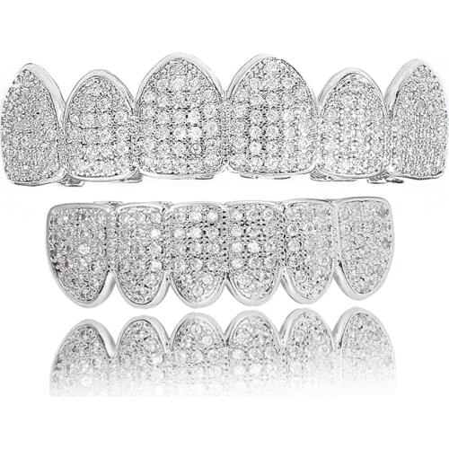 Men Teeth Grillz Hip Hop Gold Teeth Top Bottom Micro Pave CZ Stone Vampire Teeth Set Cosplay Party Body Jewelry Women Gift