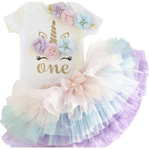 Baby Girl 1 Year Birthday Party Dress Tutu Dress+Headband Newborn Princess Clothes First Christening Gown Toddler Unicorn Dress