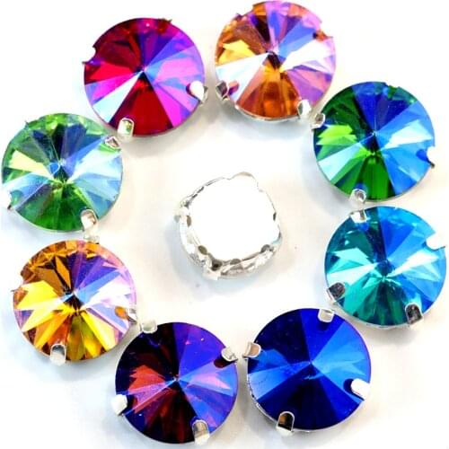 5 Sizes Colorful Round Rivoli Sew On Rhinestones With Silver Claw Flatback Glass Crystal AB Sew On Claw Rhinestones B1085
